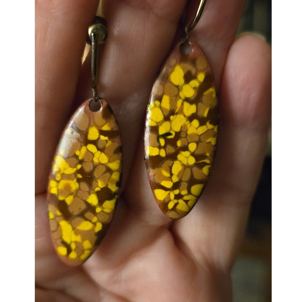 Yellow Brown Enamel Earrings 60s Screwbacks Drop Vintage Paint Splatter Fall